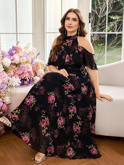 Modelyn Romantic Elegant Floral Print Halter Neck Halterneck Ruffle Hem Zipper Detail Waist A-Line Plus Size Maxi Dress, Spring/Summer