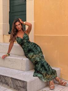 Firerie Women's Butterfly & Mesh Print Halter Lace Patchwork Super Long Slit Ruffle Hem Dress, Suitable For Spring/Summer Vacation - Green - View 5