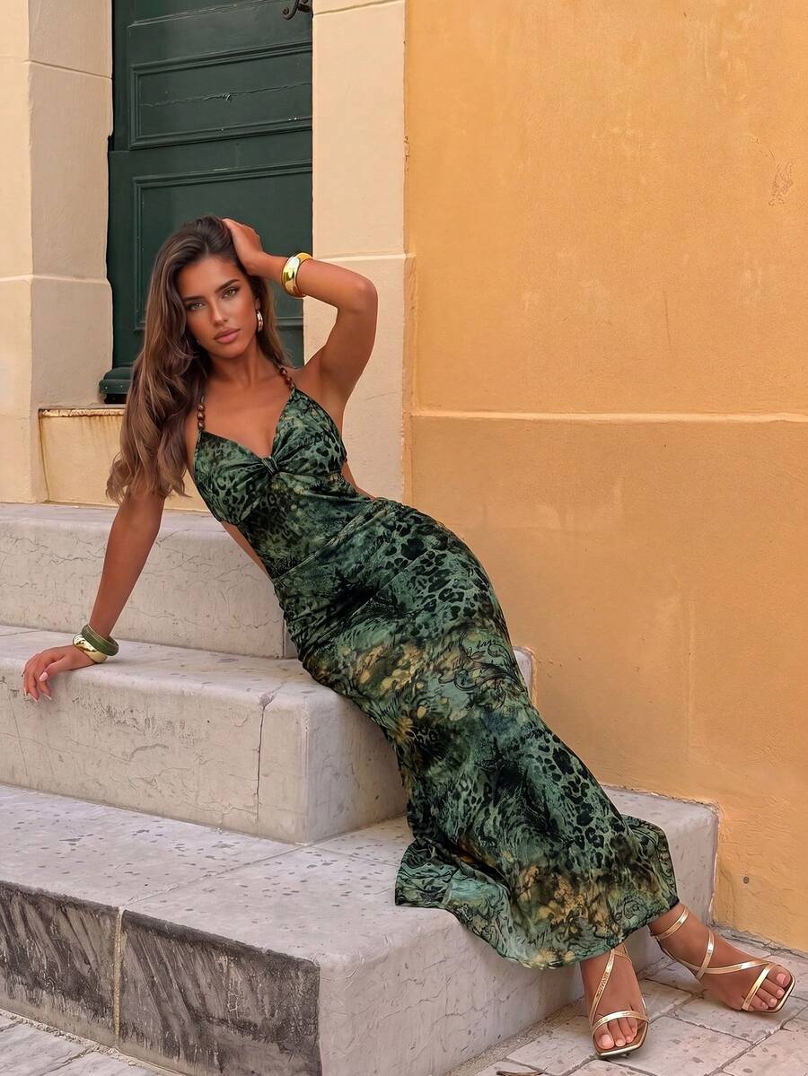 Firerie Women's Butterfly & Mesh Print Halter Lace Patchwork Super Long Slit Ruffle Hem Dress, Suitable For Spring/Summer Vacation - Green - View 1