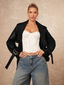 Lumalex Women's Solid Color Distressed Raglan Sleeve Trench Coat - Black - View 7