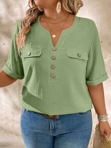 EMERY ROSE Plus Size Casual Notched Collar Wood Button Decor Short Sleeve Shirt - Mint Green - View 4