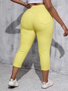 SHEIN Tall CURVE Plus Size Women White Denim Elastic Skinny Capri Pants - Yellow - View 3