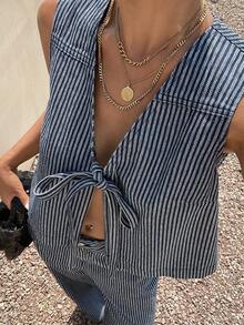 Livesso Cotton Blue Striped Tie-Up Top And Casual Pants Women's Denim Suit - Pink - View 8