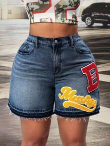 Slaydiva Plus Size Women's Non-Stretch Denim Shorts, American Retro Multicolor Letter Embroidered Pattern Straight Leg Jeans Shorts - Medium Wash - View 3