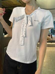 DAZY Women's Summer Polka Dot Ribbon Collar Patchwork Short Sleeve Fitted Letter Print Casual Urban Tee - White - View 7