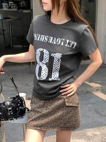 DAZY Women's Summer Round Neck Letter Print Distressed Casual Basic Pullover Street Style T-Shirt Graphic Tee Golf White - Dark Grey - View 5