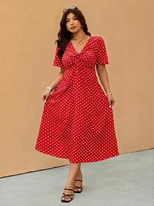 Elaquor Plus Size Polka Dot Print Deep V-Neck Twist Knot Casual Short Sleeve Dress - Red - View 4