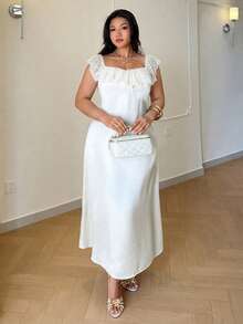 Auralis Summer Elegant White Silky Satin Dress For Wedding Guest,Plus Size Square Collar Ruffle Lace Patchwork Mermaid Maxi Party Gown - Apricot - View 8