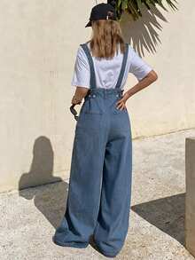 DAZY Quần yếm denim nữ cổ cao dáng rộng, có thể điều chỉnh kích cỡ. - Rửa trung bình - Xem 5