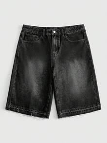 ROMWE MEN Street Life Pantalones cortos vaqueros versátiles para hombres con lavado pesado y estampado vintage, de corte recto y holgado - Negro - Ver 2