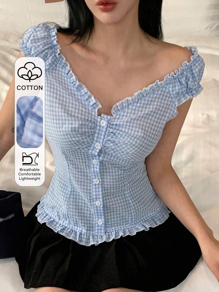 Women's Ruffled Single-Breasted Plaid Shirt