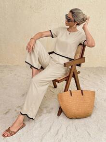 SHEIN Frenchy Women's Vacation Casual Contrast Trim Top And Pants 2 Pieces Set - Apricot - View 6