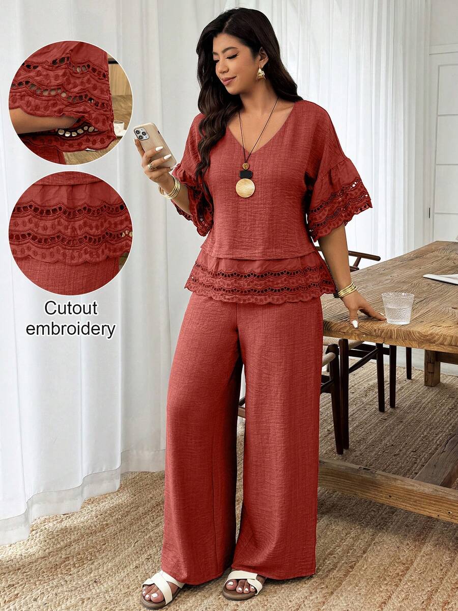 Weeklong 2pcs/Set Atasan Longgar Leher Bulat Lengan dan Hem Bermotif Bunga untuk Wanita dan Celana Panjang Lurus, Cocok untuk Liburan dan Pemakaian Sehari-hari, Musim Semi/Panas - Burgundy - View 1