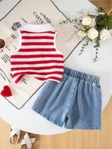 SHEIN Playful Pals 2件組女嬰紅白條紋無袖蝴蝶結刺繡V領背心上衣搭配水洗藍裙褲可愛夏季日套裝 - 紅色 - 查看 2