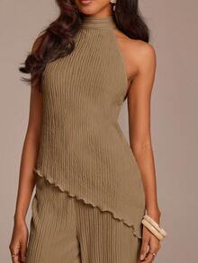 COSMINA Women's Elegant Halter Sleeveless Textured 2-Piece Set, Wide-Leg Bohemian Style, Apricot Color, Versatile For Commute, Office, Daily Wear, Date, Valentine's Day, Wedding Guest - Khaki - View 4