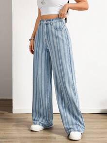 女士条纹百搭口袋纽扣宽松牛仔裤 - 淺色水洗藍 - 查看 5
