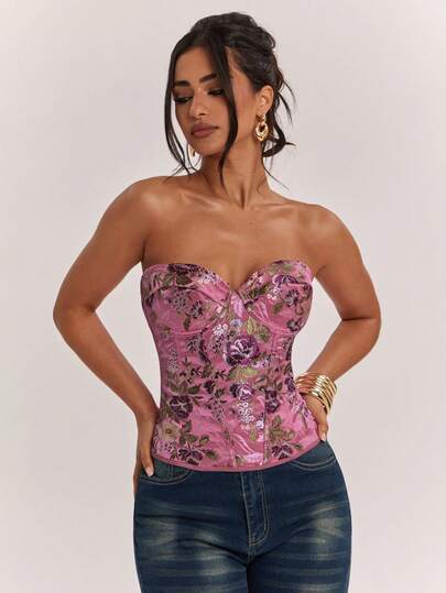 SHEIN BAE Kadınlar için Seksi ve Zarif Pembe Brokar Çiçekli Büstiyer Crop Top, Kulüp Giyim, Randevu Giyim, Vintage Giyim, Yaz Giyim, Vücuda Oturan Büstiyer, Pembe Üst, Y2K Üst