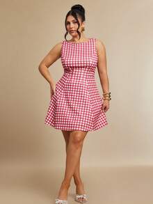 SHEIN BAE CURVE 大码女式格子休闲简约日常夏季连衣裙 - 彩色 - 查看 5