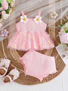 SHEIN 2pcs/Set Baby Girls' Casual Vintage Elegant Cute Daisy Embroidery Ribbon & Mesh Outfit, Suitable For Spring/Summer Outings - Pink - View 3