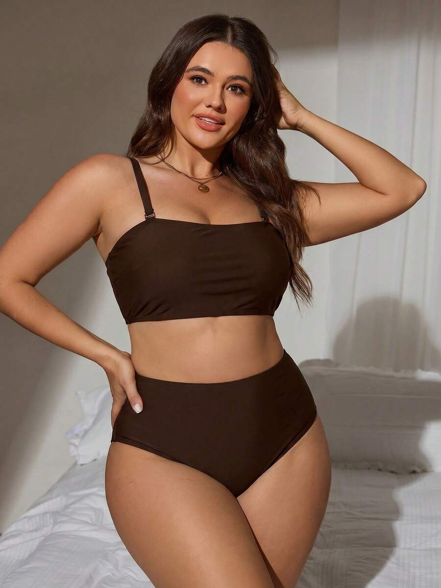 Swim Lushoire 2026 Model Baru Musim Panas Dasar Minimalis Dasar Ukuran Plus Wanita Tankini Set Pakaian Renang Liburan Pesta Pantai Cokelat - Coklat - View 1