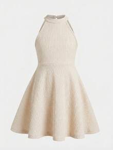 SHEIN Young Girl's Elegant Fairy Summer Party Dress,Solid Black Stand-Up Collar Sleeveless Waist A-Line Orange Sisters Outfit For New Year Birthday,Kids - Apricot - View 3