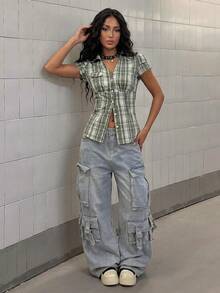 SHEIN Unity Áo sơ mi tay lửng kẻ caro xanh dành cho nữ - màu xanh lá - Xem 3