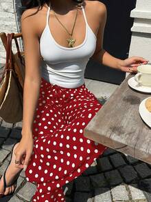 Sunnyshic Quần ống rộng cạp thấp, thắt dây rút, họa tiết chấm bi đen dành cho nữ, thích hợp cho kỳ nghỉ xuân/hè, phong cách bohemian thanh lịch, đi làm, retro tối giản, đa năng mặc hàng ngày. - Màu Đỏ Sâu - Xem 7