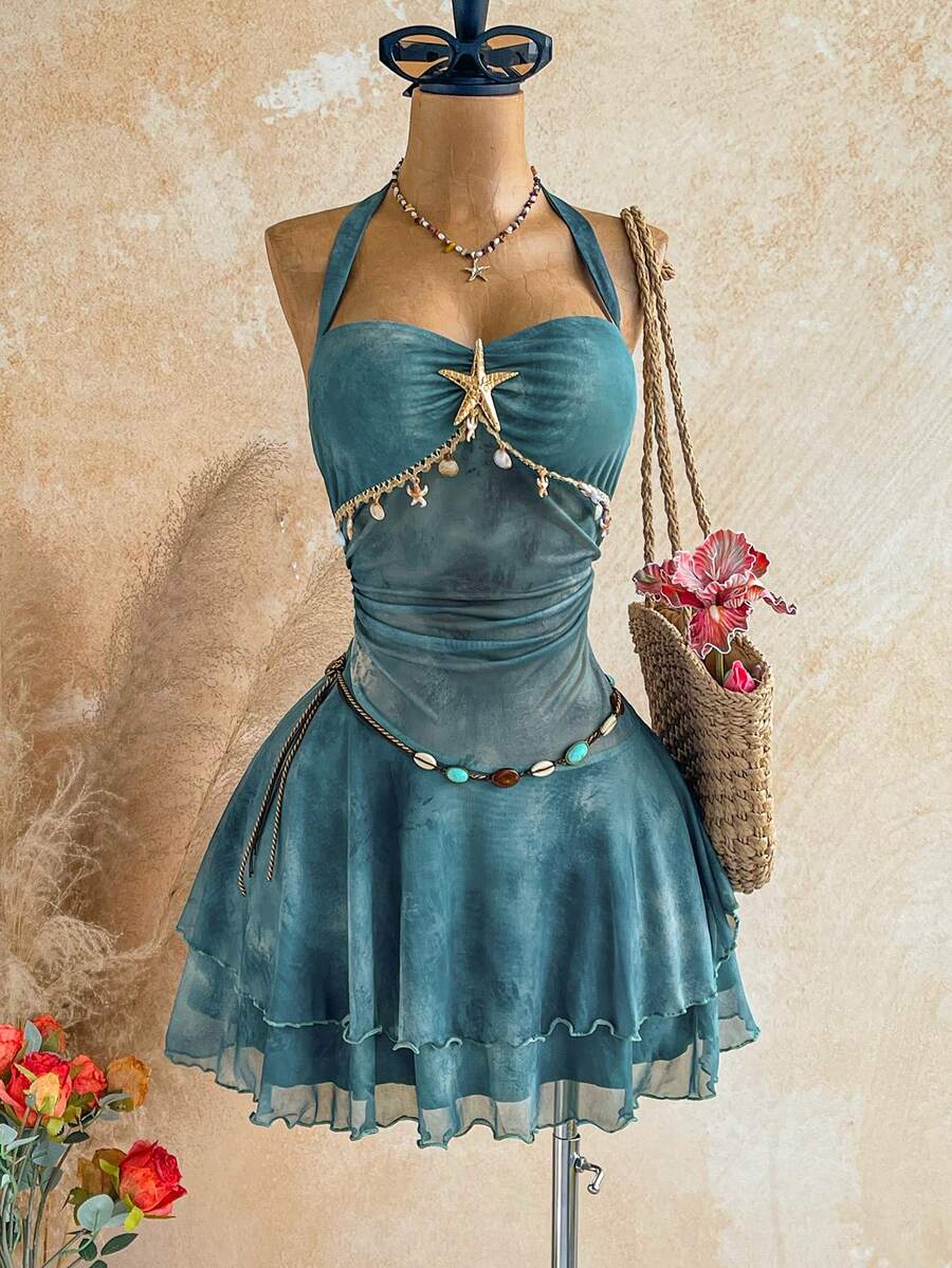 Soleia 度假风露背系带海星贝壳装饰荷叶边V领花卉金属扣白色针织纹理修身迷你连衣裙,适合圣诞节、约会之夜、夜店、波西米亚风、度假、秋季女装、复古、假日等场合。 - 酒紅色 - 查看 1
