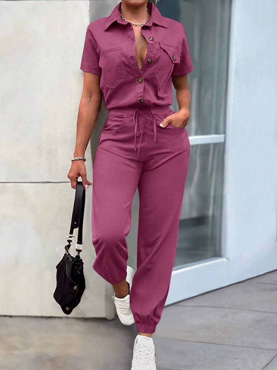 EMERY ROSE Women's Elegant Button Decor Pocket Loose Top And Slim Fit Ankle-Length Jumpsuit, Spring/Summer - Pink - View 1