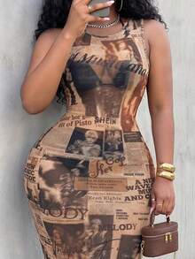 Slaydiva New Summer Style, Birthday Party, Daily Wear, Versatile Basic, Casual, Date, Shopping, Party, Music Festival, Street Sexy, Hot Girl, Workwear Street, Vintage Street, Slim Fit Round Neck Sleeveless Bodycon, Magazine Element, Sheer Mesh Print, Women Plus Size Long Dress-A - Multicolor - View 6