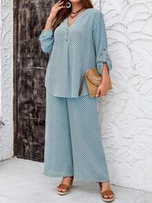 EMERY ROSE Bộ đồ 2 món dành cho nữ cỡ lớn: Áo sơ mi dài tay in họa tiết kẻ caro và quần dài, thích hợp cho mùa thu. - Màu xanh lam - Xem 4
