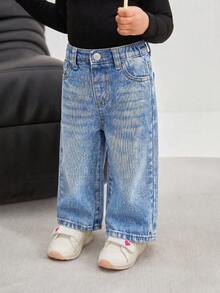 SHEIN Bubblio Quần ống rộng dáng suông màu xanh denim kiểu retro cho bé gái - Rửa nhẹ - Xem 7