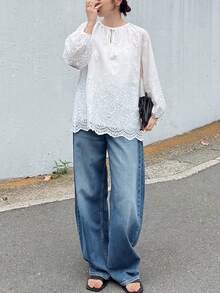 FRIFUL Women's White Embroidered Blouse With Tie Collar And Ruffle Trim, Mori Girl Style For Spring/Summer - White - View 4