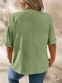 EMERY ROSE Plus Size Casual Notched Collar Wood Button Decor Short Sleeve Shirt - Mint Green - View 2