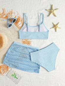 SHEIN 3件套女童比基尼套装，特殊面料，夏季沙滩装 - 藍色 - 查看 2