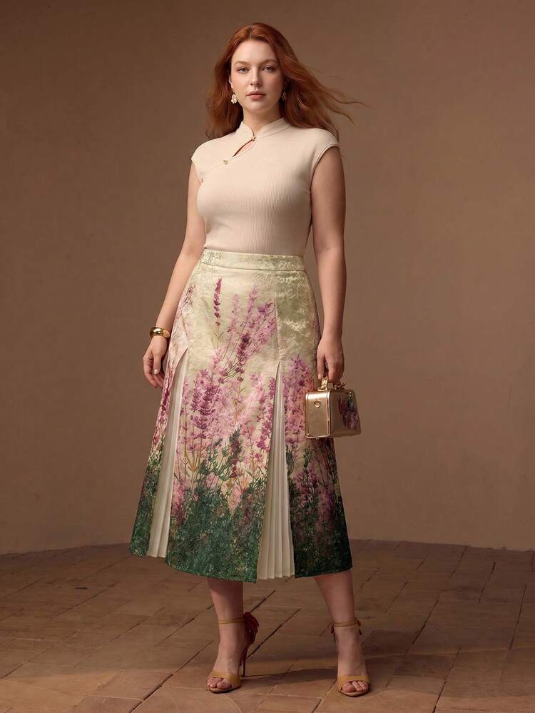 PLUS SIZE ELEGANT MULTI-COLOR FLORAL JACQUARD PLEATED A-LINE SKIRT FOR WOMEN