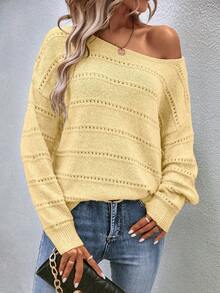 EMERY ROSE Suéter casual de mujer de unicolor, de manga larga, con hombros caídos y calado - Amarillo - Ver 6