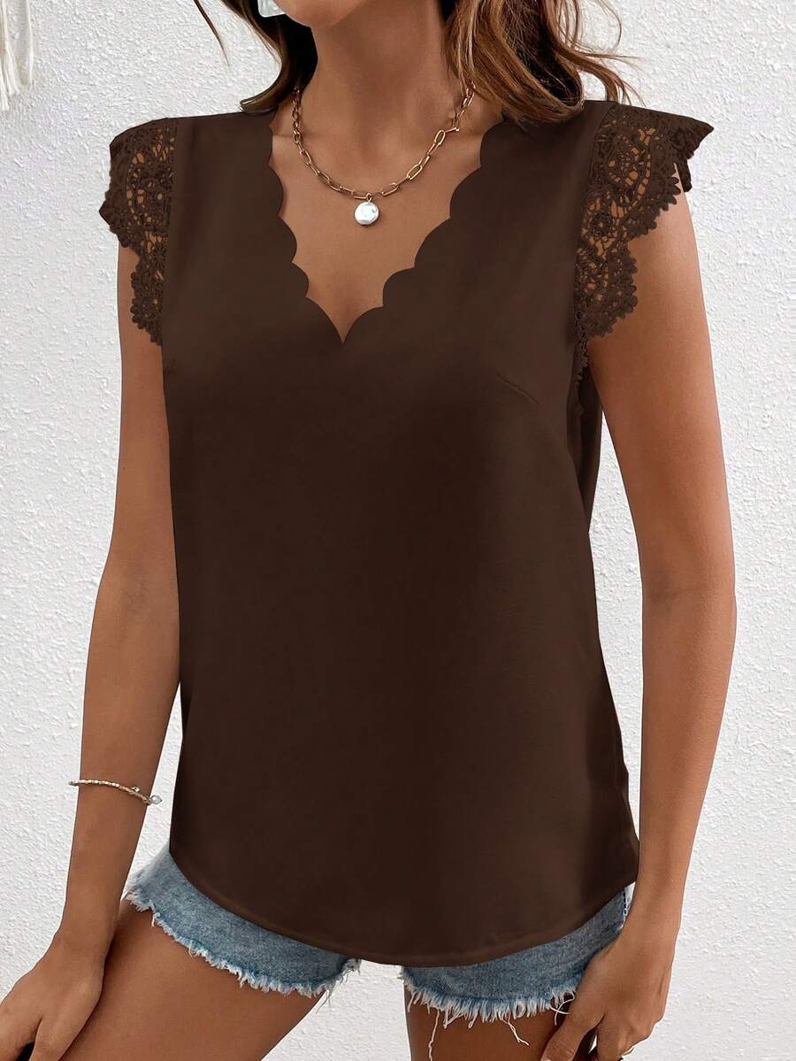 SHEIN VCAY Women's Solid V-Neck Casual Versatile Daily Wear Shirt,Summer Top - Brown - View 1
