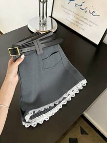 GlowEve Quần short dáng chữ A cạp cao màu xám đậm, viền ren hai lớp, kiểu dáng ngọt ngào và thanh lịch, thích hợp mặc đi làm, giúp thon gọn vóc dáng, đa năng. - Màu xám đen - Xem 3