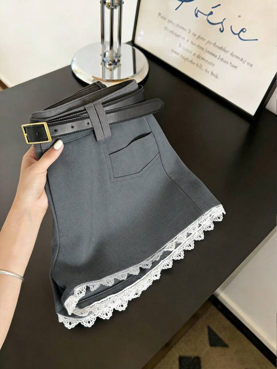 GlowEve Dark Grey Double-Layer Lace Trim High Waist A-Line Shorts Skirt, Sweet & Chic Style, Commuting, Slimming, Versatile Suit Pants - Dark Grey - View 1