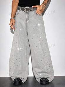 ROMWE MEN Street Life Men's Casual Street Rhinestone Washed Slant Pocket Wide-Leg Jeans - Grey - View 6
