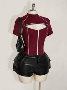 SHEIN ICON Camiseta de manga corta con cremallera y calado en contraste para mujer de talla grande - Burdeos - Ver 3