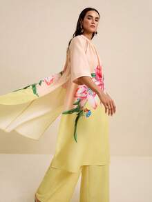 LOTSLUV Women's Elegant Pink Floral Golden Yellow Floral Print 2-Piece Set, Round Neck Loose Blouse Straight Leg Pants, Vacation Outfit Autumn - Multicolor - View 6