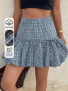 DAZY Plaid Ruffle Mini Skirt, Elastic Waist Fitted Casual Cute Back-To-School Skirt For Girls, Summer Vacation Blue And White - Blue - View 1