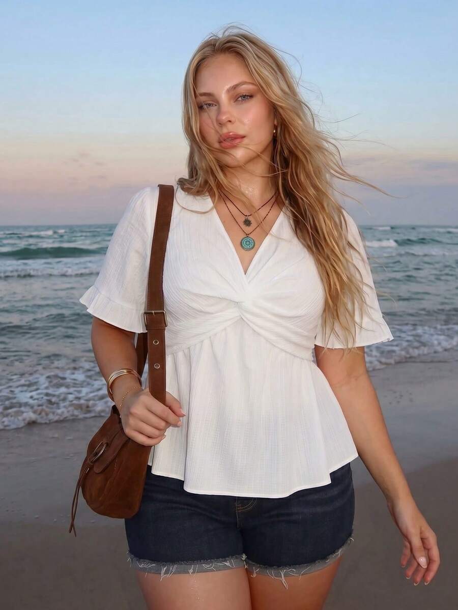 SHEIN ICON 大码女式纯色扭结纹理荷叶边袖上衣 - 白色 - 查看 1