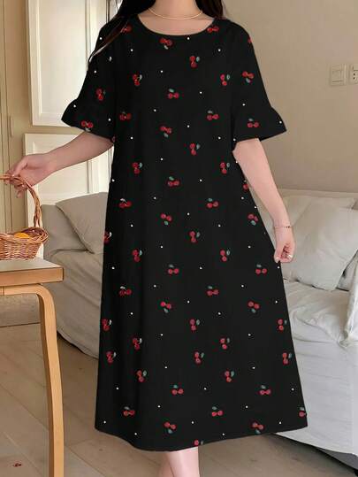Đầm dài cổ tròn dáng rộng tối giản họa tiết trái tim anh đào retro ngọt ngào dành cho thiếu nữ, tay áo bèo nhún, thích hợp cho mùa xuân và hè, những ngày hè thư giãn, kỳ nghỉ, hành trình đầy nắng, trang phục thường ngày mùa xuân, chuyến đi nghỉ hè.