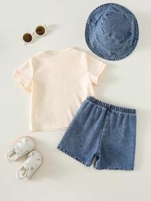 SHEIN 3pcs Baby Boy Animal Print T-Shirt, Denim Shorts And Denim Hat Set, Suitable For Summer, Travel, Back To School - Multicolor - View 2