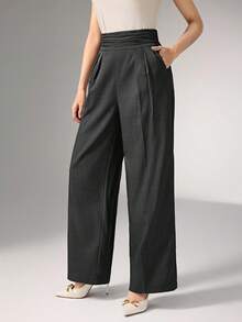 Heiryn Pantalones anchos de cintura alta plisados, elegantes y apropiados para ir al trabajo en otoño/invierno - Gris - Ver 4