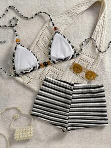 Swim Vcay Women's Summer Casual Cute 2 Pieces Beachwear Set, Resin Bead Decor Triangle Bikini Top And Shorts, Special Fabric Swimwear - Multicolor - View 2