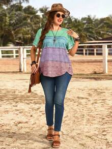 EMERY ROSE Plus Size Women Round Neck Color Block Casual Everyday Short Sleeve T-Shirt - Multicolor - View 5